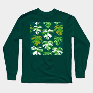 Variegated Monstera Pattern in Gouache-Teal Long Sleeve T-Shirt